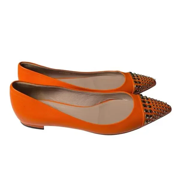 Gucci Pointed Toe Orange Leather Flats Silver Stud Toe Cap Slip On EU 37 US 7 - Picture 6 of 14